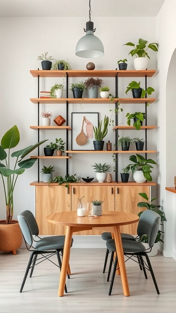 A small dining room featuring a stylish vertical shelving unit filled with plants and decorative items, a round wooden table, and comfortable chairs.