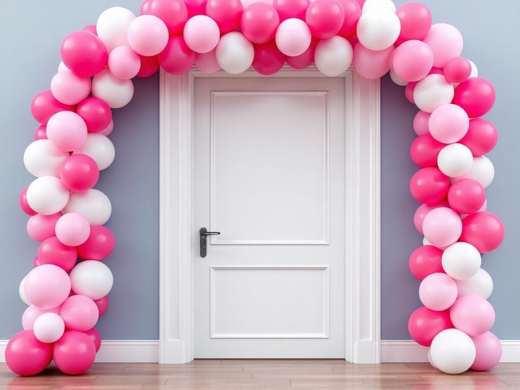 A colorful balloon garland in pink, white, and red framing a white door.