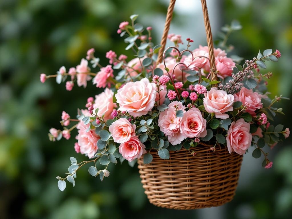 A woven basket filled with pink roses and greenery, hanging as a door decoration.