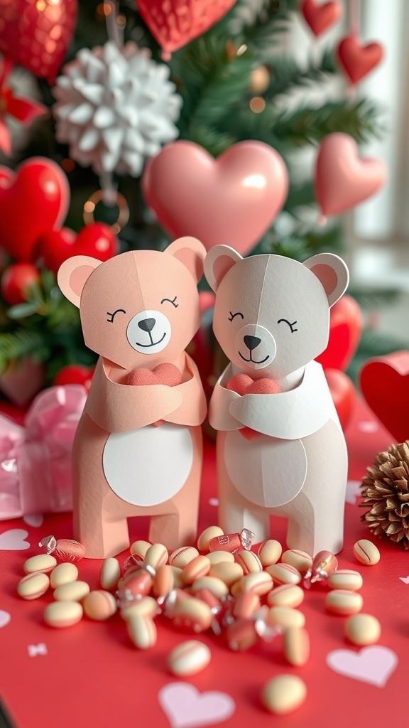 Two paper bears hugging candy, surrounded by hearts and decorations