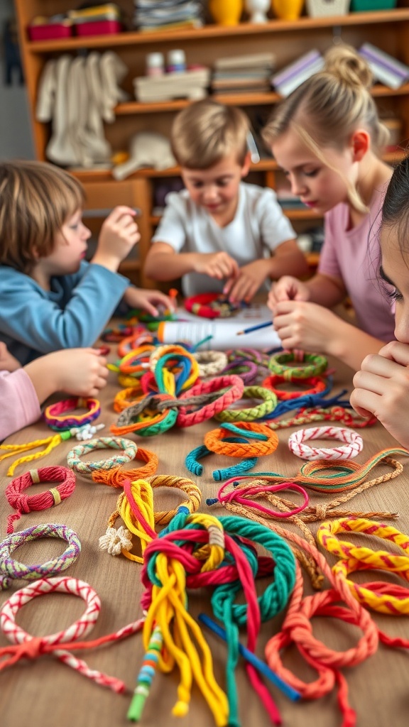 Children making colorful friendship bracelets at a table, surrounded by yarn and completed bracelets.