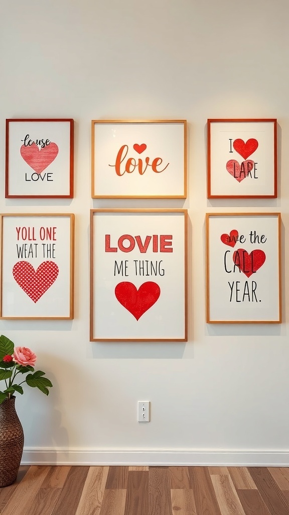 A collection of Valentine’s Day themed art prints featuring hearts and love-related phrases.