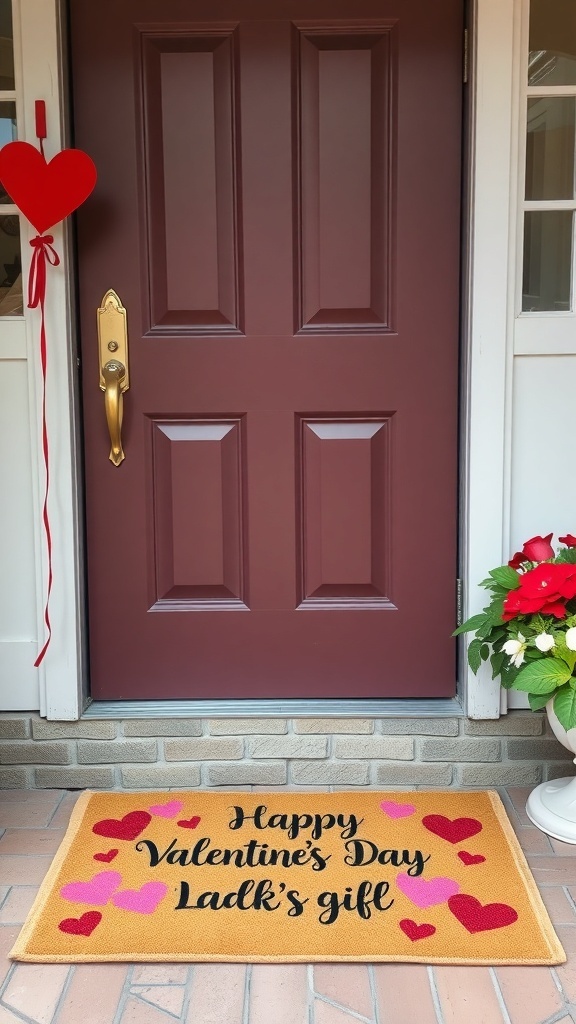 A Valentine's Day themed door mat with hearts, saying 'Happy Valentine's Day' in front of a maroon door.
