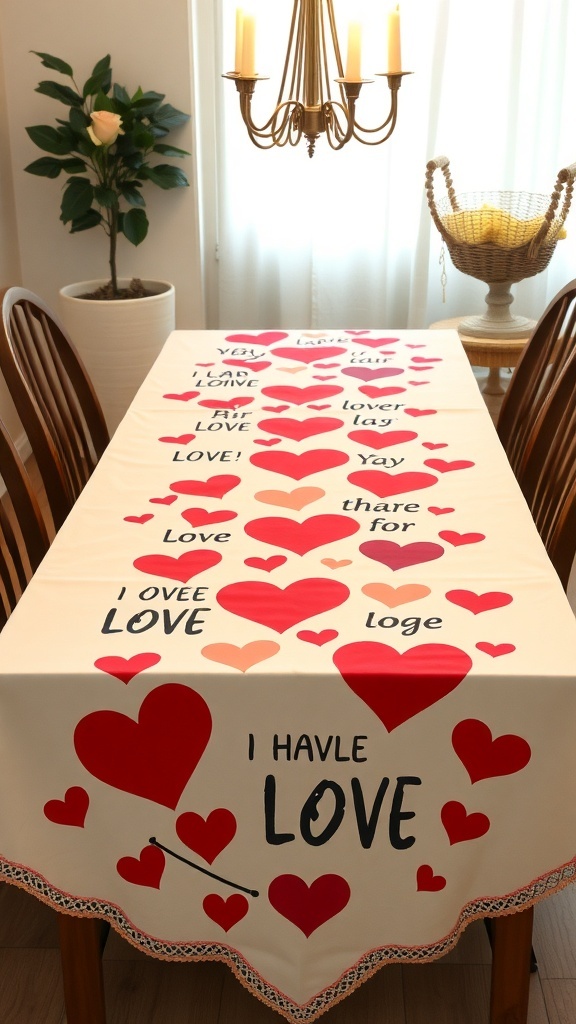 A Valentine’s Day themed table runner with hearts and love messages on a dining table.