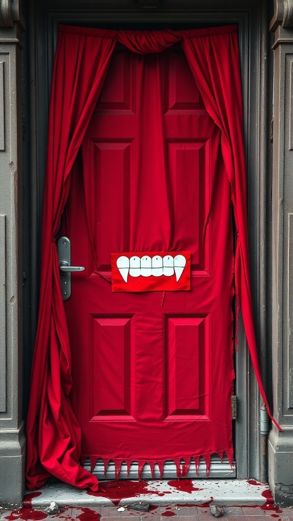 A red door wrapped in fabric resembling a vampire's cape, featuring cartoonish vampire teeth and a dripping effect.
