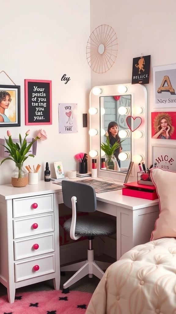 A stylish vanity desk area with a large mirror, bright lights, and colorful decor.