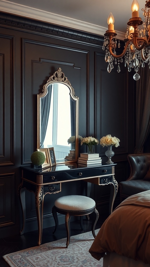 A stylish black vanity with a gold-accented mirror, surrounded by warm lighting and decorative flowers, in a dark feminine bedroom.