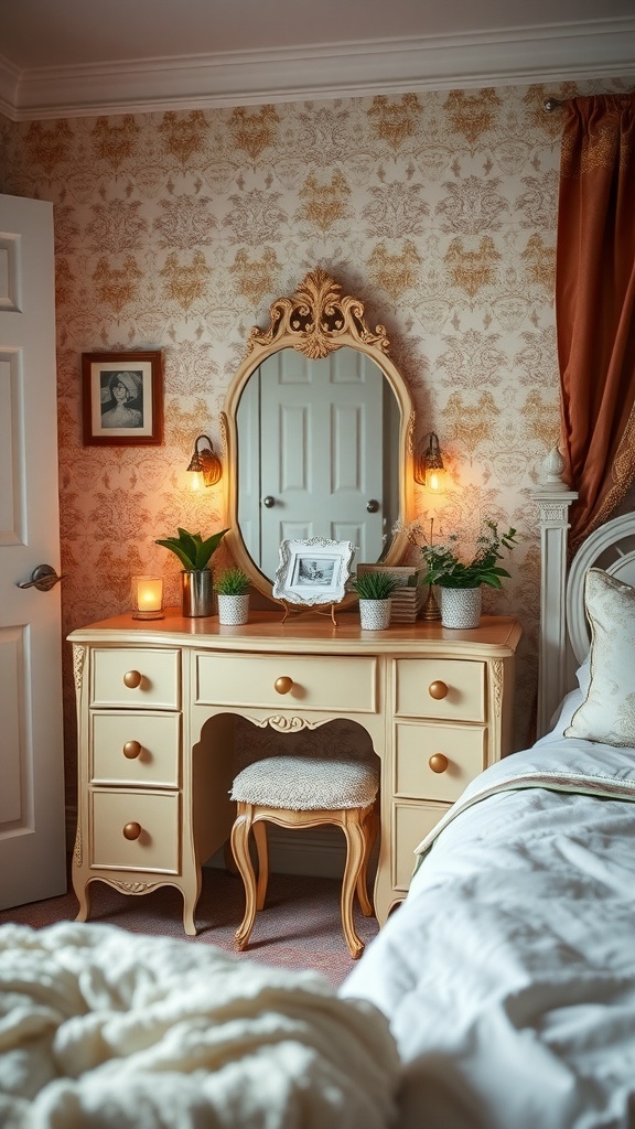 A vintage-inspired vanity with ornate mirror, potted plants, and warm lighting in a cozy bedroom setting.