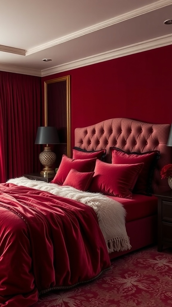 A luxurious bedroom featuring deep red velvet bedding, plush pillows, and a faux fur throw, creating a cozy and elegant atmosphere.