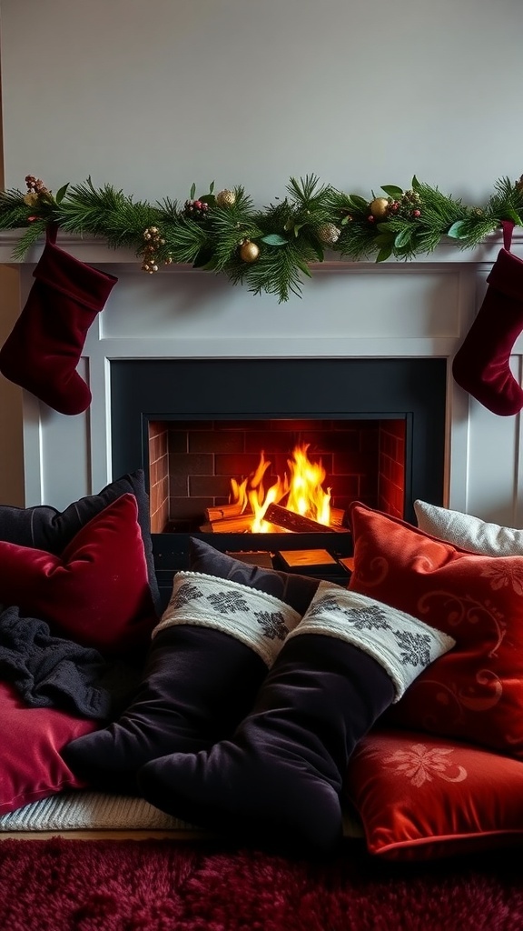 A cozy fireplace decorated with velvet stockings and plush pillows in rich colors.