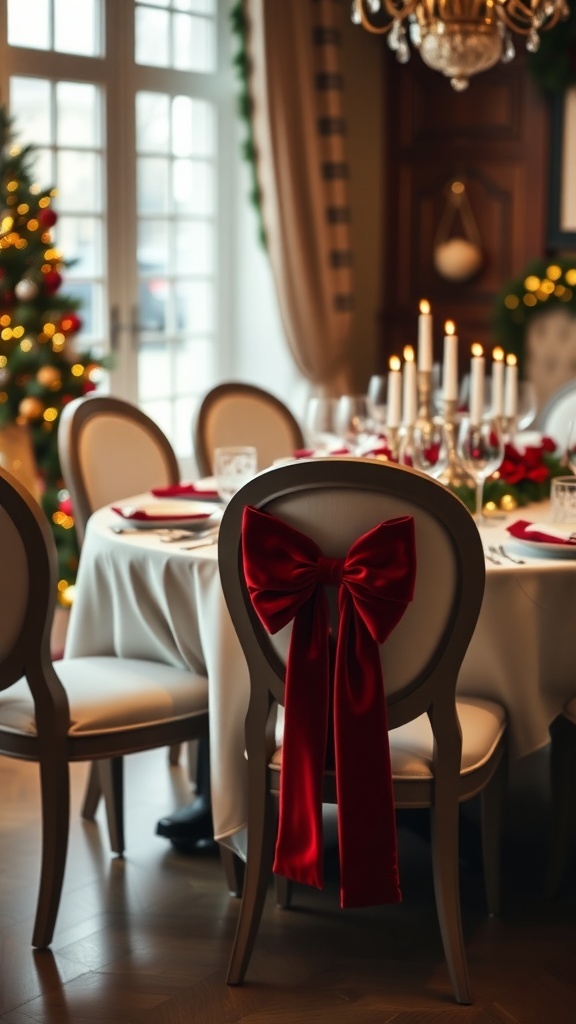 Dining chairs with red velvet bows, elegantly set for a Christmas dinner.