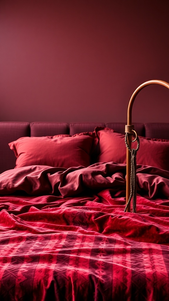 A cozy bed with deep red velvet bedding and matching pillows, creating a warm and inviting atmosphere.
