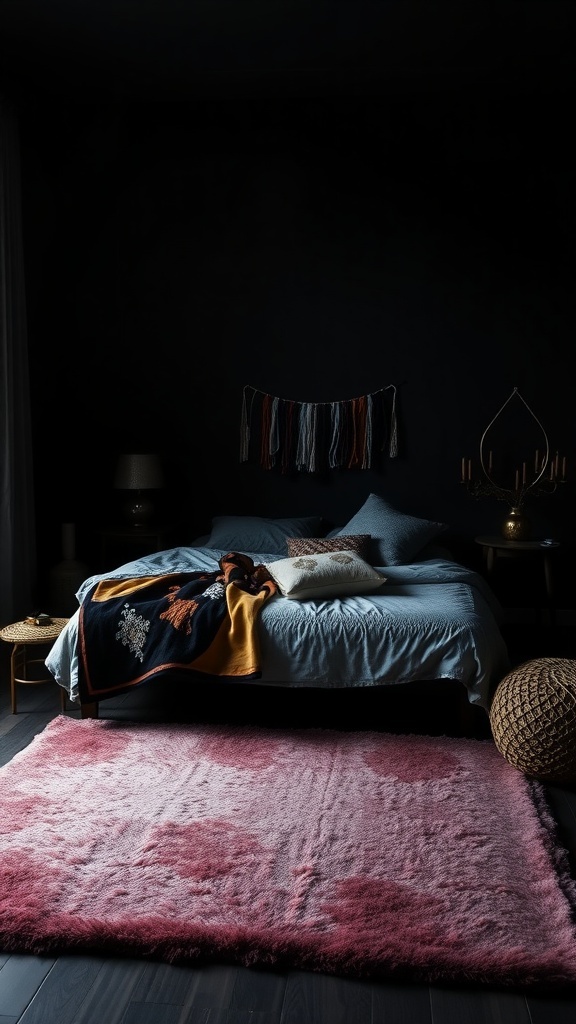 A cozy dark boho bedroom featuring a plush pink ombre rug, layered bedding, and warm lighting.