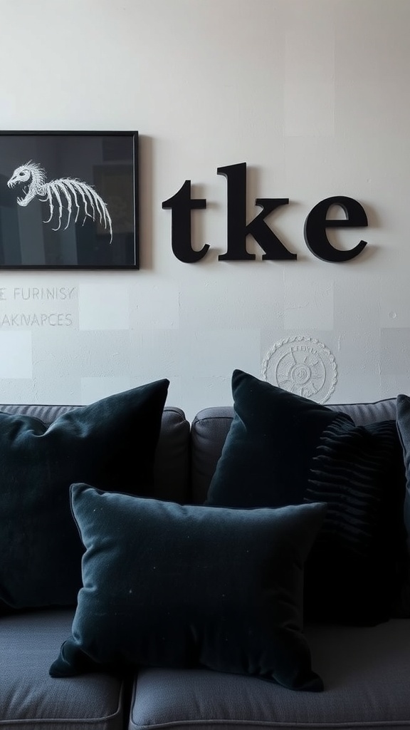 Plush velvet pillows in dark jewel tones on a sofa