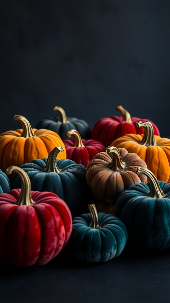 A collection of velvet pumpkins in various colors including teal, red, and orange, arranged together.