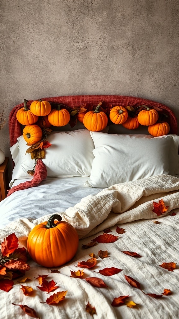 A cozy bedroom with a velvet pumpkin garland draped over the headboard, featuring orange pumpkins and autumn leaves on the bed.