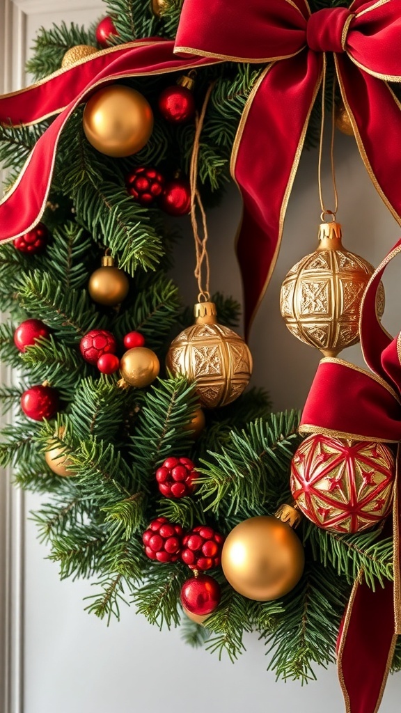 A festive wreath featuring rich red velvet ribbons, gold and red ornaments, and lush greenery.