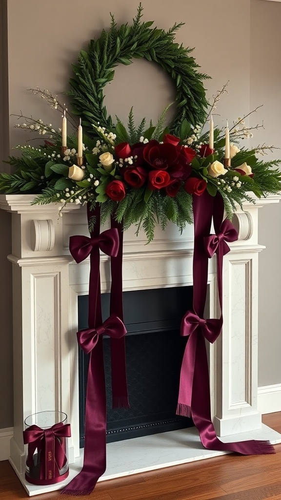 A beautifully decorated fireplace mantel featuring a wreath, flowers, and burgundy velvet ribbons.