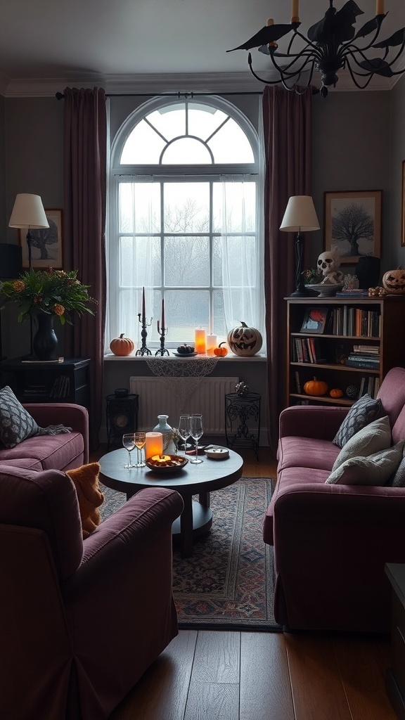 A cozy living room featuring mauve velvet seating, warm lighting, and Halloween decorations.