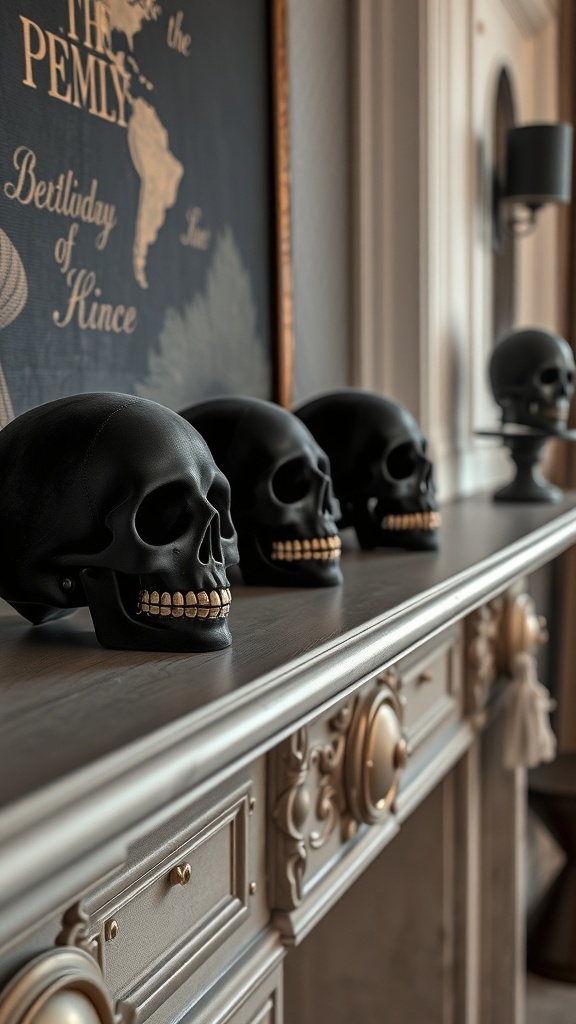 A row of black velvet skulls with gold teeth displayed on a mantel.