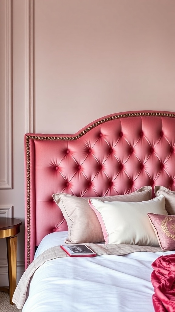 A pink velvet upholstered headboard with tufted design and gold trim, paired with neutral bedding and decorative pillows.