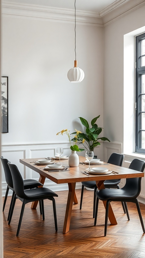 A modern dining room featuring a wooden extendable table with black chairs, showcasing a cozy corner dining setup.