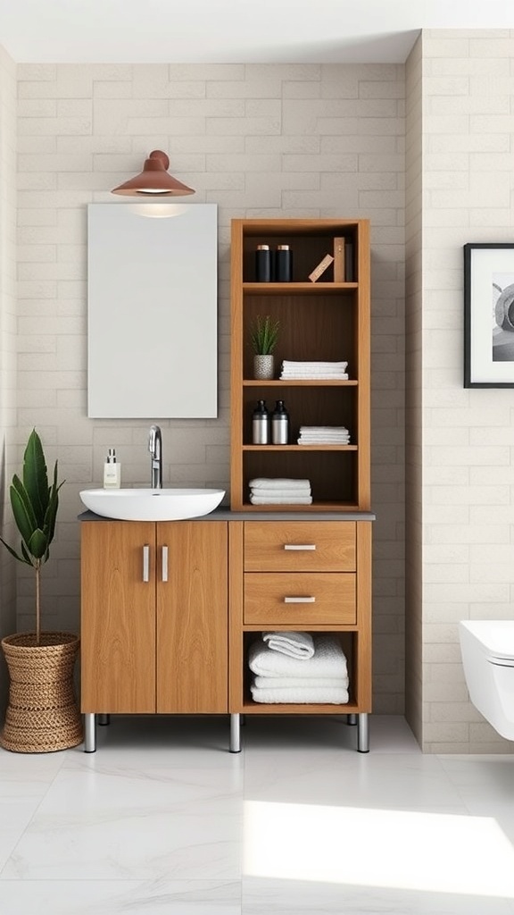 A modern freestanding storage cabinet in a bathroom with a warm wood finish, featuring open shelves and closed storage.