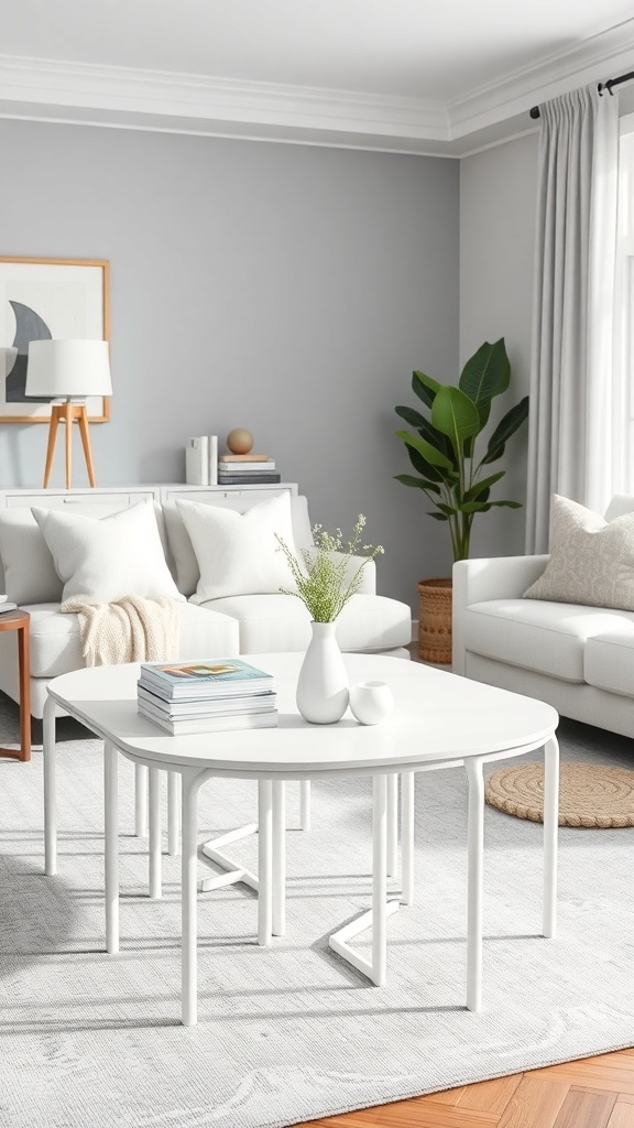 A set of white nesting tables in a modern living room setting with a cozy sofa and decorative elements.
