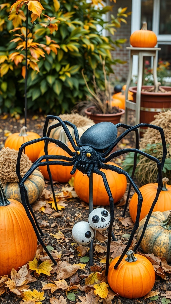 Lights4Fun Rattan Black Spider Halloween figure surrounded by pumpkins and autumn leaves