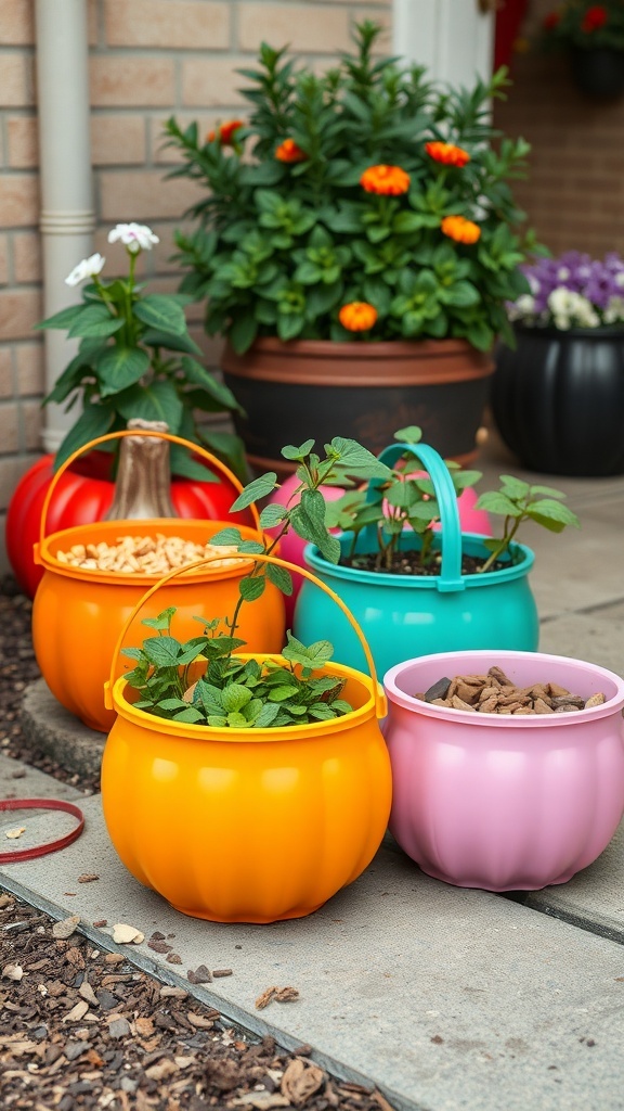 Colorful plastic pumpkin buckets used as planters with flowers.