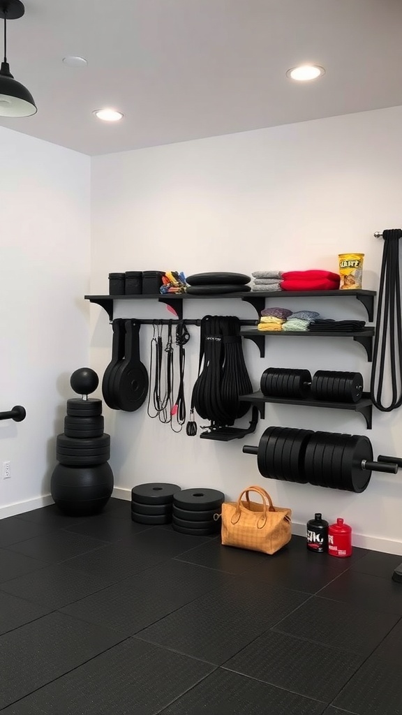 A stylish home gym with organized storage solutions, including weights and accessories on shelves.