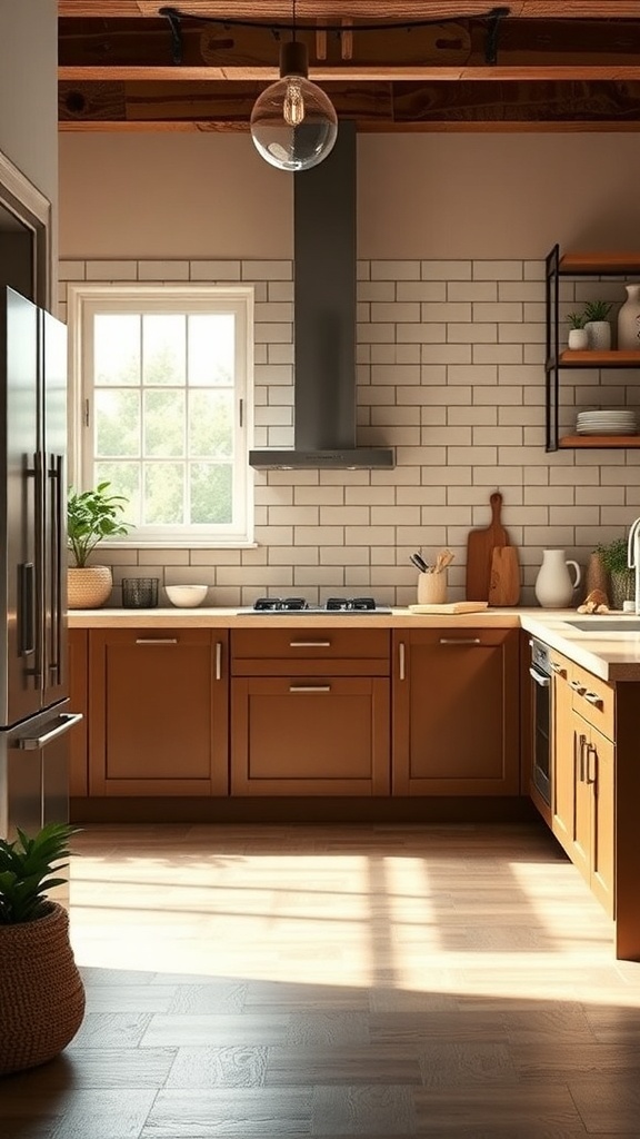A cozy cashmere kitchen with wooden cabinets, a sleek countertop, and natural light.