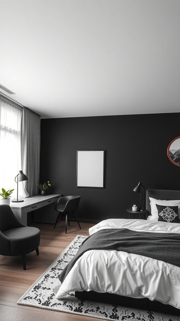 A stylish black and white bedroom featuring dark walls, white bedding, and modern furniture.