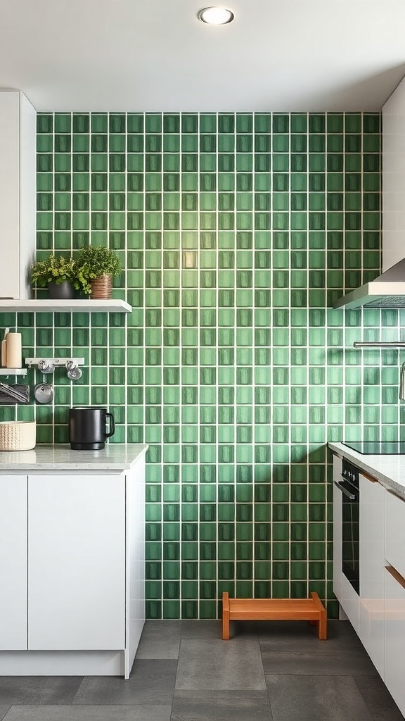 Vertical green tile backsplash in a modern kitchen