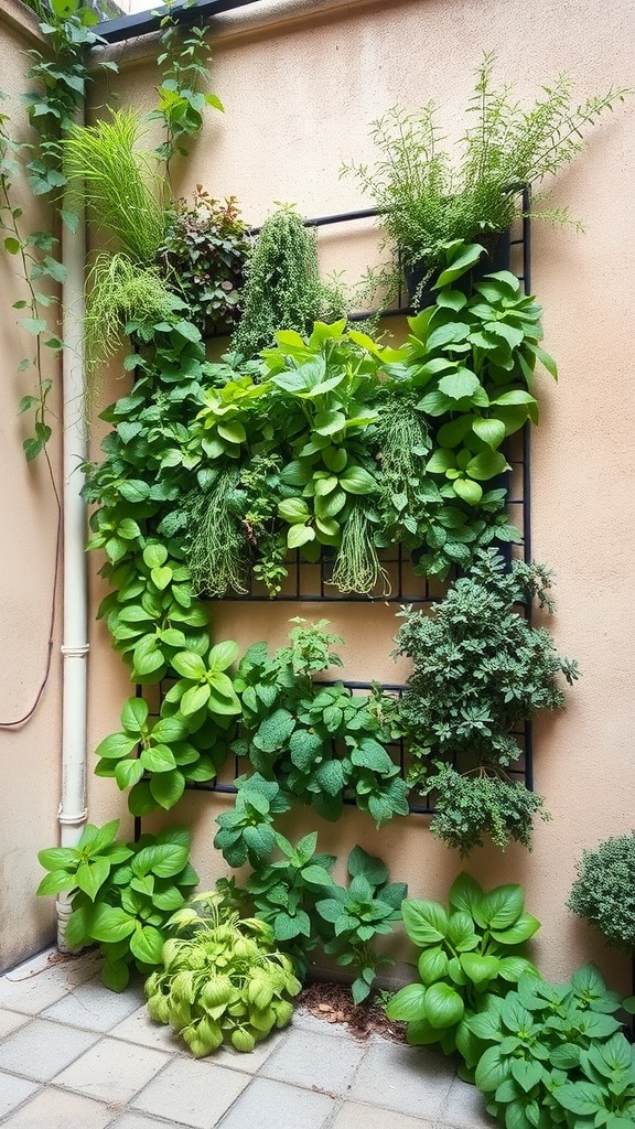 A vertical herb wall featuring various green herbs and plants, mounted on a wall in a courtyard.