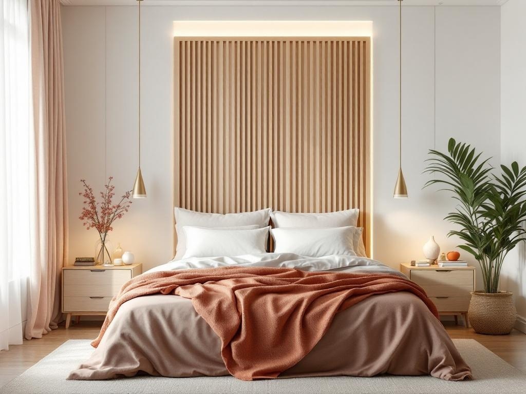 A modern bedroom featuring a vertical slatted plywood headboard with soft bedding and warm accents.