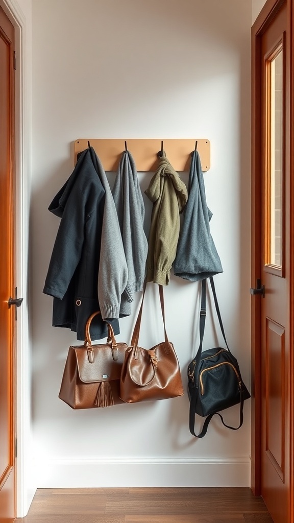A wall-mounted coat rack with several coats and bags hanging on it in a small entryway.