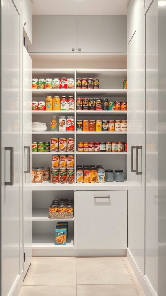 A modern pantry with vertical storage for canned goods, featuring neatly arranged shelves and a clean design.
