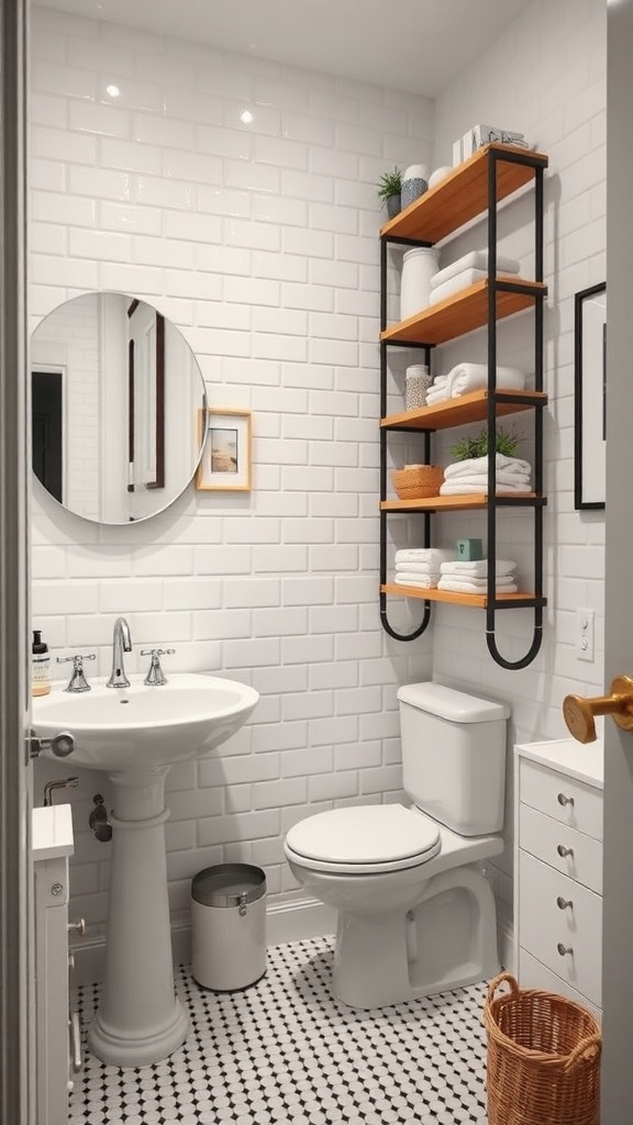 A small bathroom featuring vertical storage with open shelving, neatly arranged towels, and decorative items.