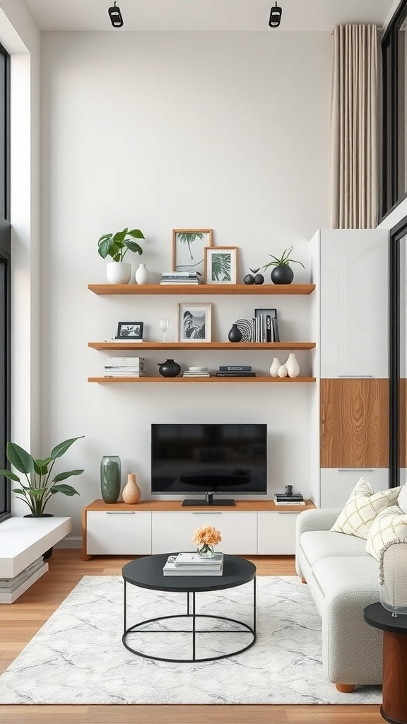 A modern small living room with floating shelves and stylish decor.