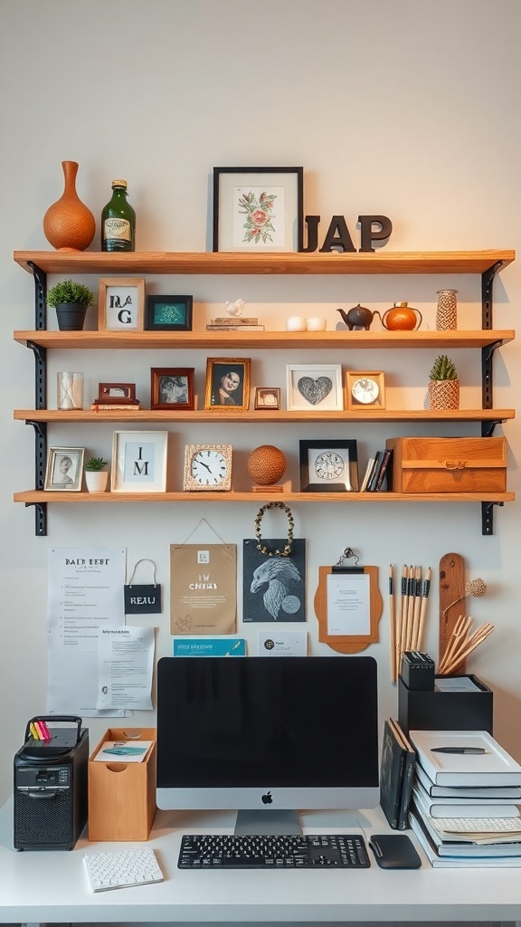 A well-organized home office with wooden shelves displaying decorative items and office supplies.