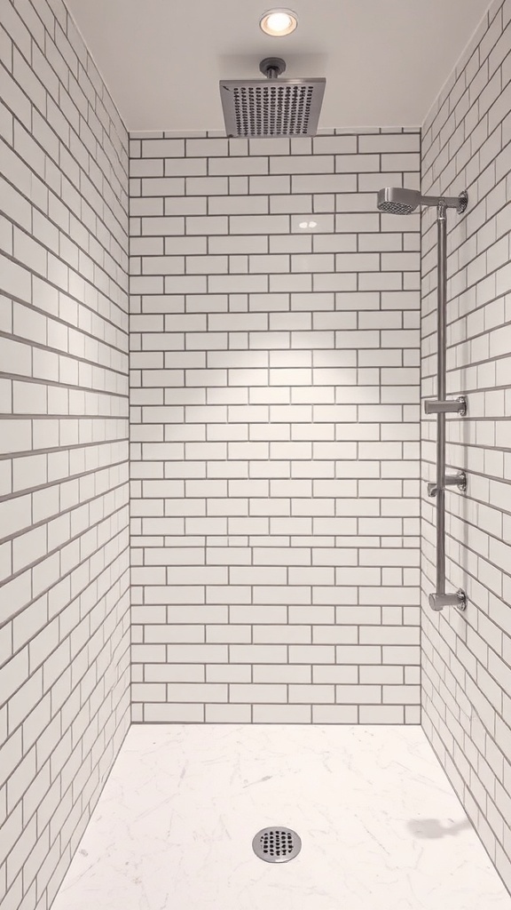 A modern shower with vertical white subway tiles and gray grout.