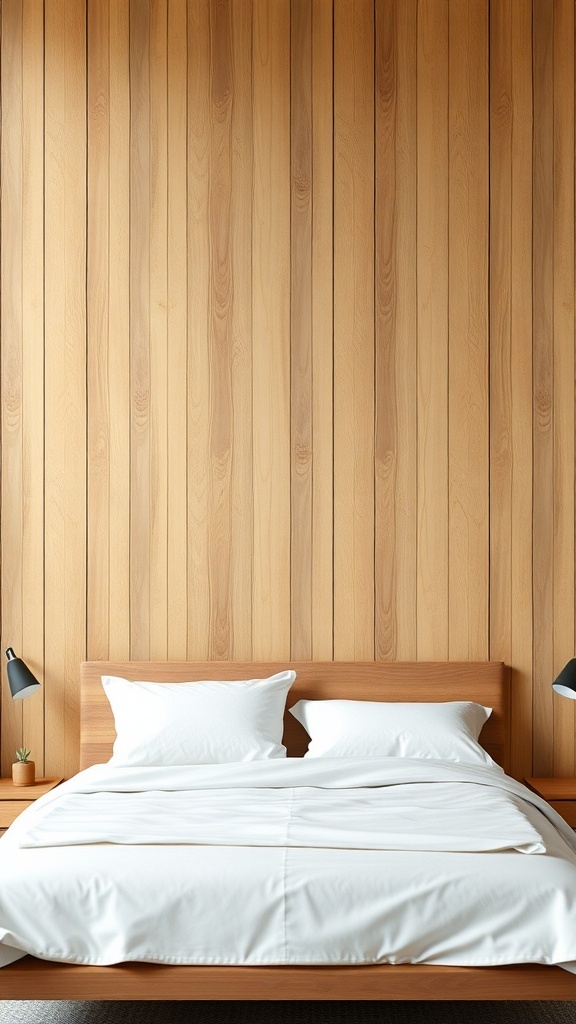 A bedroom featuring vertical wood slats as a headboard wall design, with a wooden bed frame and white bedding.