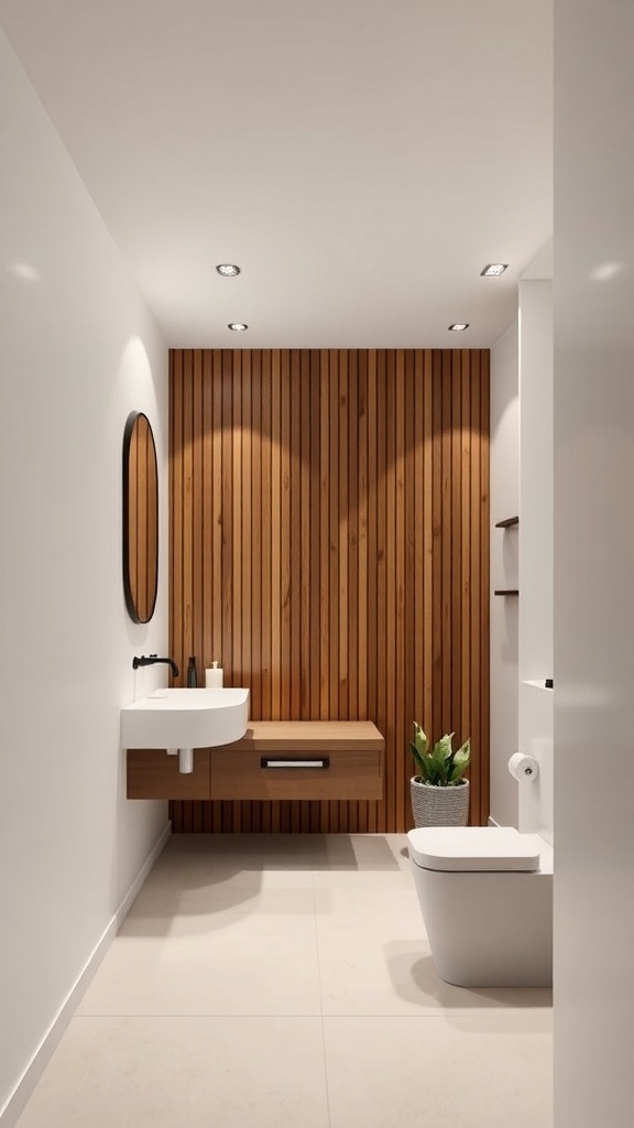 A modern bathroom featuring a vertical wood slat accent wall, a sleek sink, and a minimalist design.