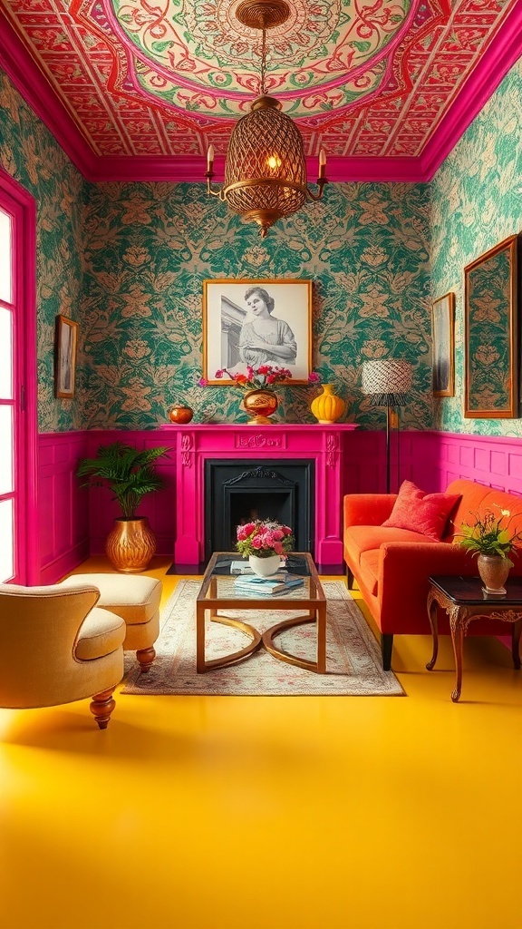 A vibrant Victorian living room featuring floral wallpaper, pink wainscoting, yellow floor, and colorful furniture.
