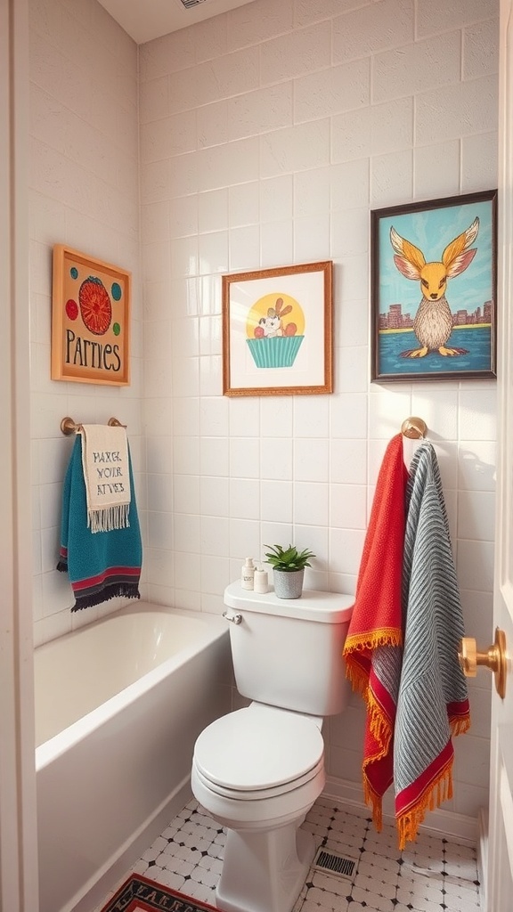 A colorful bathroom featuring bright towels, playful artwork, and a small plant, creating a cheerful and inviting atmosphere.