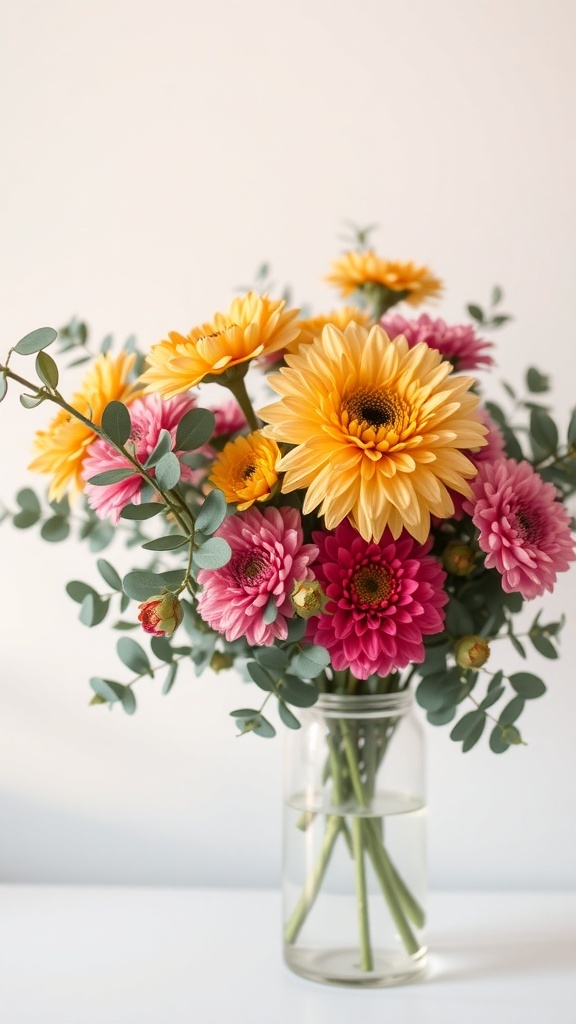 A vibrant bouquet of yellow sunflowers, pink daisies, and eucalyptus in a clear vase.