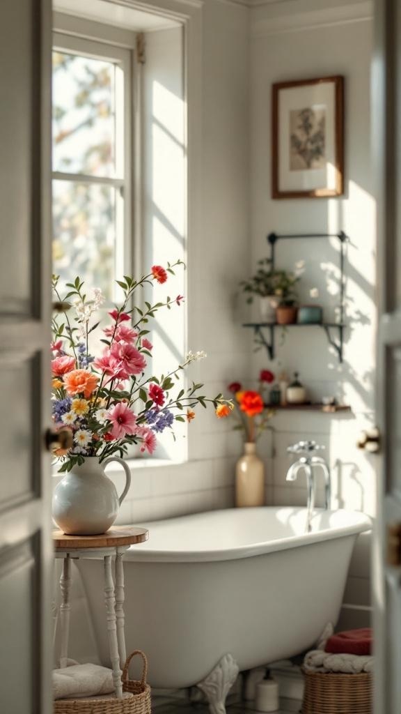 A bright bathroom with a vintage powder blue vanity, a wood toilet seat, and a vibrant floral arrangement in a vase.