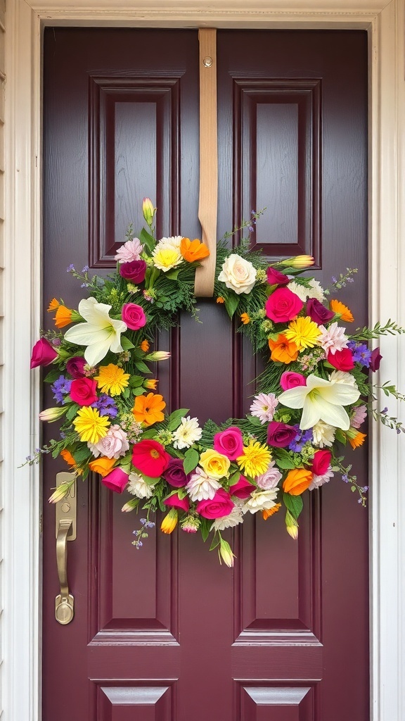 A colorful floral wreath with roses, lilies, and daisies hanging on a door.