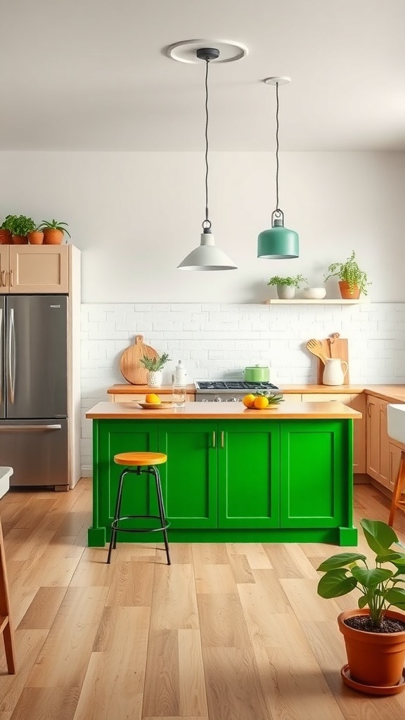 A bright green kitchen island in a neutral kitchen with wooden accents and colorful decor.